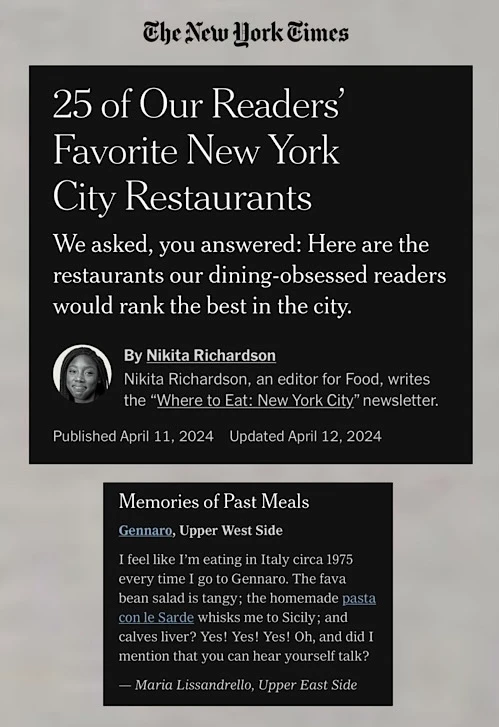 New York Times feature: Reader-Favorite NYC Restaurants